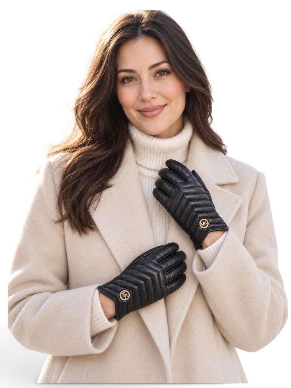 Michael Kors Black Quilted Leather Tech Touch Gloves Gold Logo S NWT